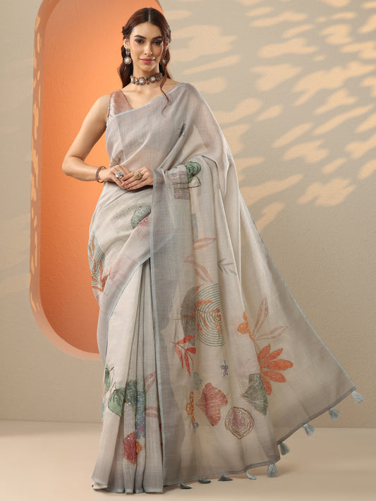 Grey Printed Silk Blend Saree With Unstitched Blouse Piece