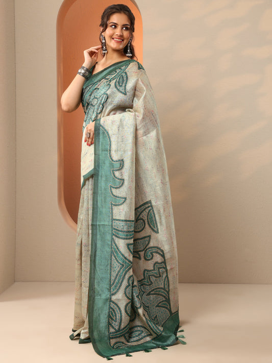 Green Embellished Silk Blend Saree With Unstitched Blouse Piece
