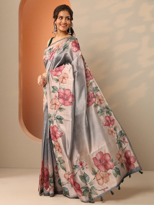 Grey Embellished Silk Blend Saree With Unstitched Blouse Piece