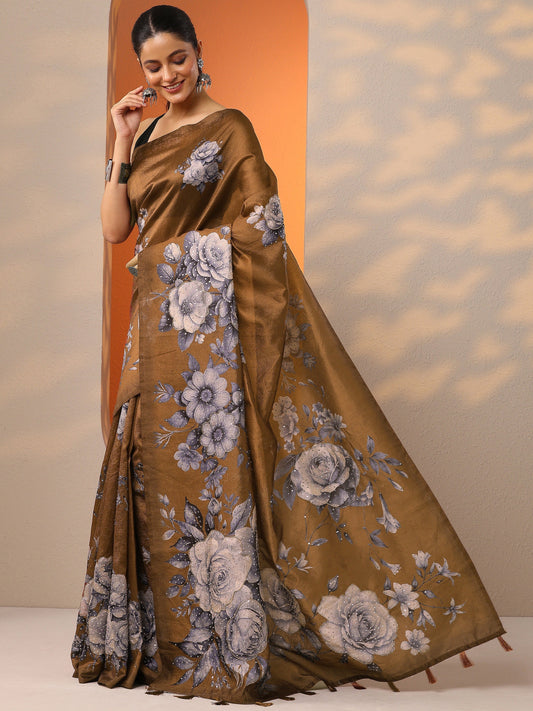 Brown Printed Silk Blend Saree With Unstitched Blouse Piece