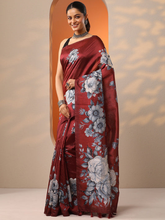 Maroon Printed Silk Blend Saree With Unstitched Blouse Piece