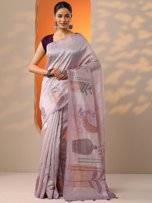 Lavender Printed Silk Blend Saree With Unstitched Blouse Piece
