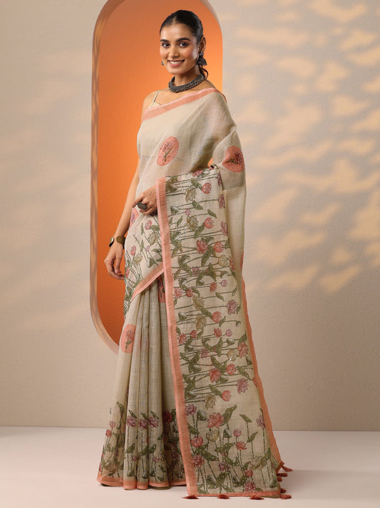 Peach Printed Silk Blend Saree With Unstitched Blouse Piece