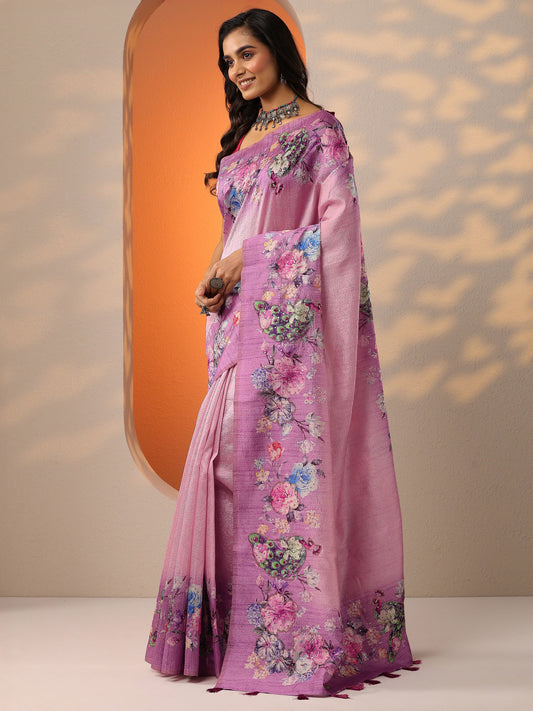 Mauve Printed Silk Blend Saree With Unstitched Blouse Piece