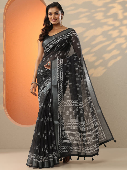 Black Printed Cotton Blend Saree With Unstitched Blouse Piece