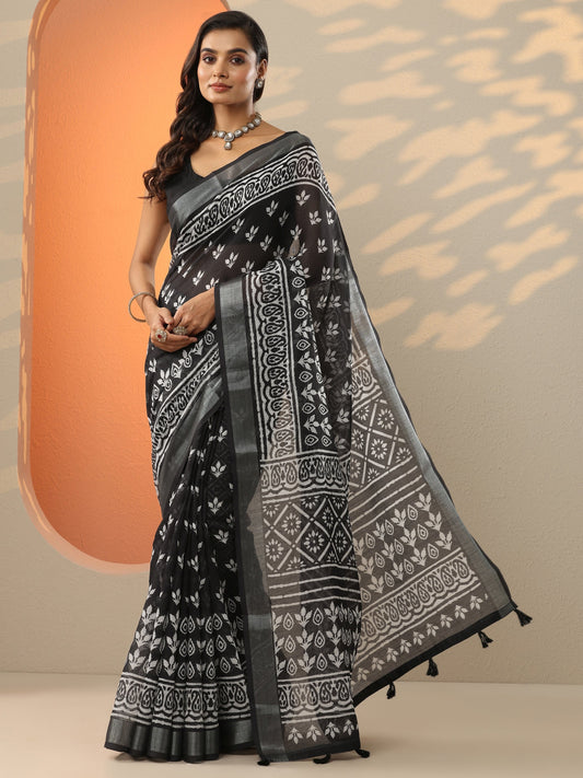 Black Printed Cotton Blend Saree With Unstitched Blouse Piece