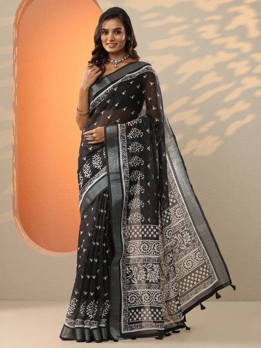 Black Printed Cotton Blend Saree With Unstitched Blouse Piece