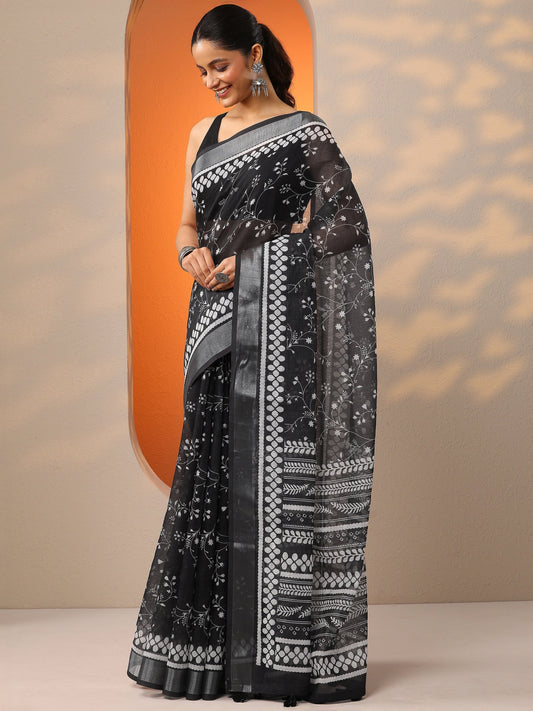 Black Printed Cotton Blend Saree With Unstitched Blouse Piece