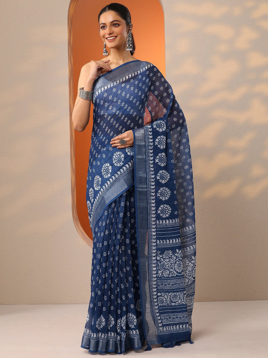 Blue Printed Cotton Blend Saree With Unstitched Blouse Piece