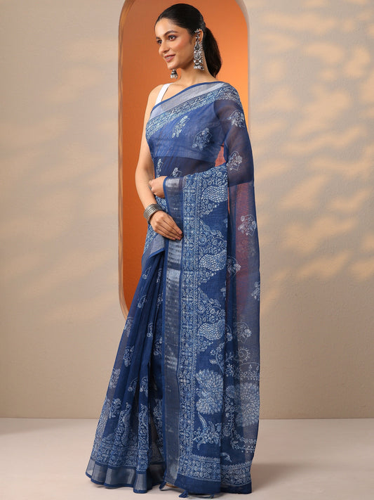 Blue Jamdani Printed Cotton Blend Saree With Unstitched Blouse Piece