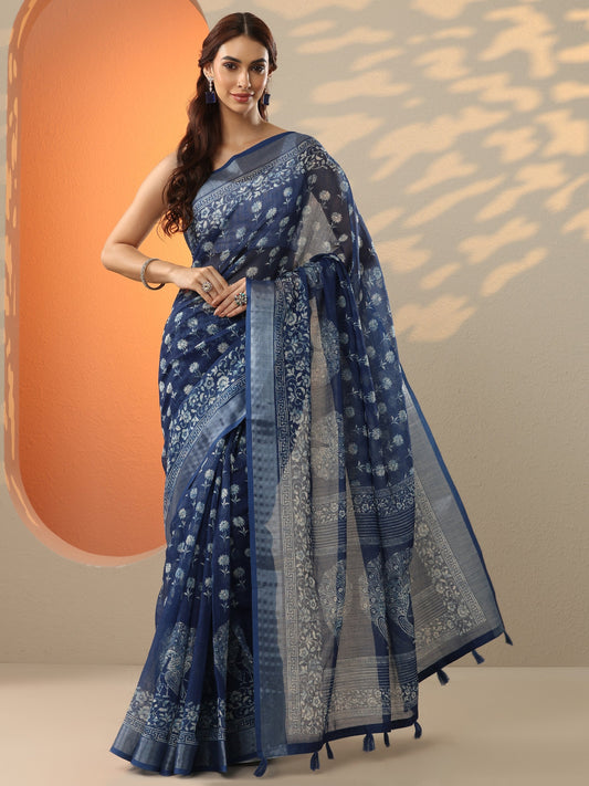 Blue Printed Cotton Blend Saree With Unstitched Blouse Piece
