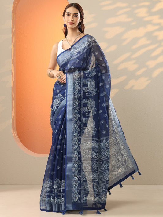 Blue Jamdani Printed Cotton Blend Saree With Unstitched Blouse Piece