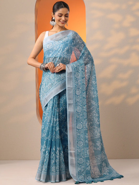 Blue Printed Cotton Blend Saree With Unstitched Blouse Piece