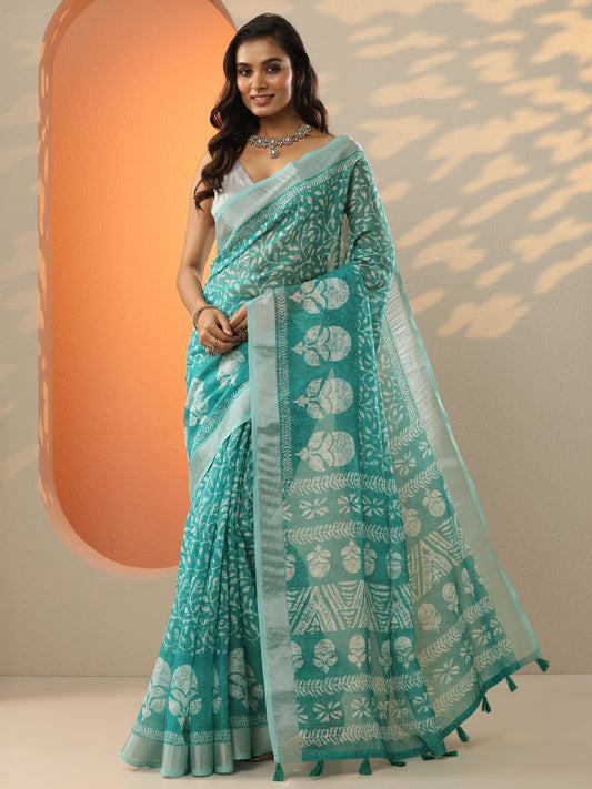 Blue Jamdani Printed Cotton Blend Saree With Unstitched Blouse Piece