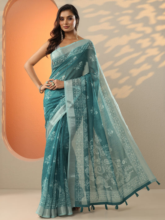 Blue Printed Cotton Blend Saree With Unstitched Blouse Piece