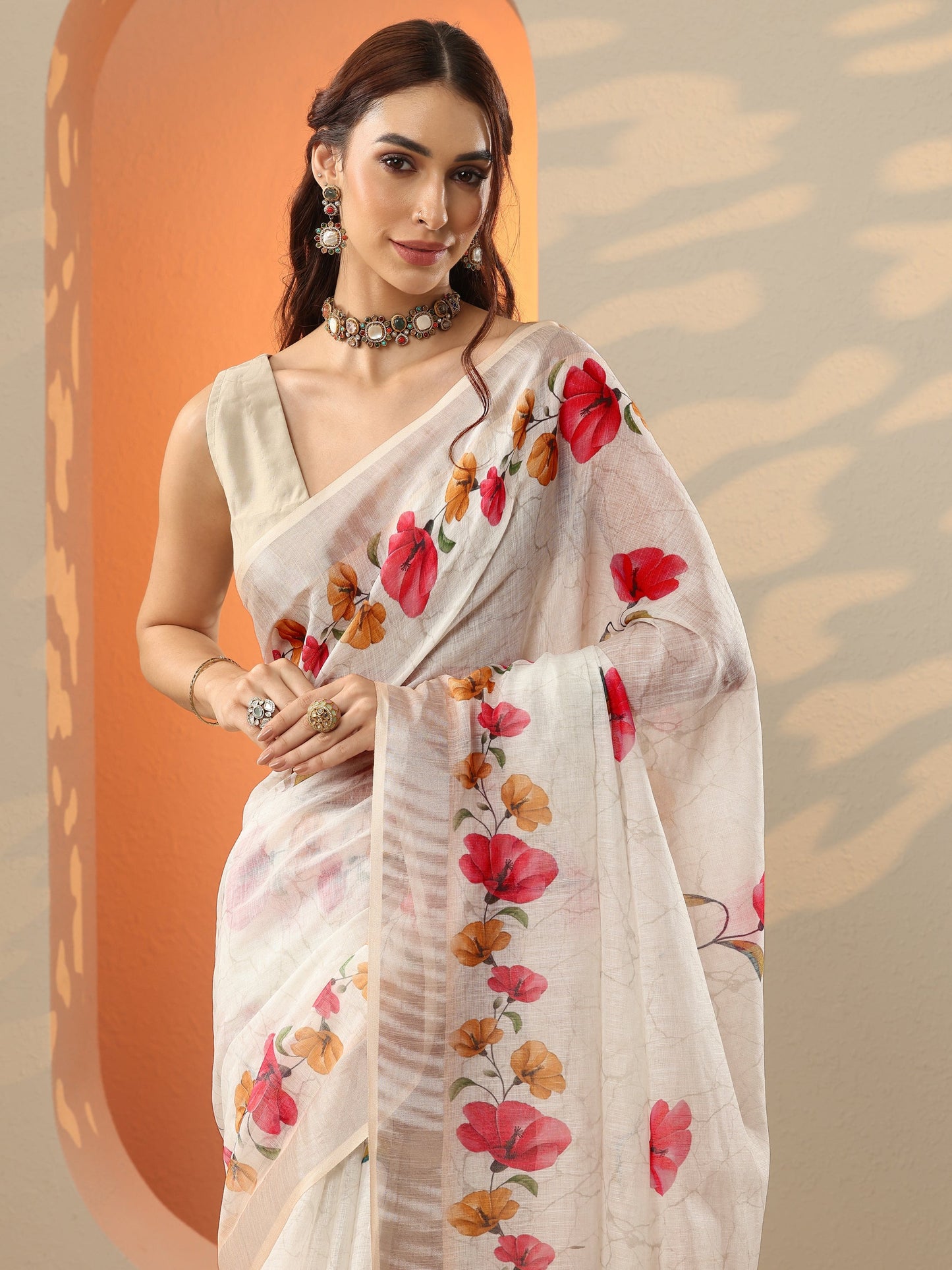 Off White Printed Cotton Blend Saree With Unstitched Blouse Piece