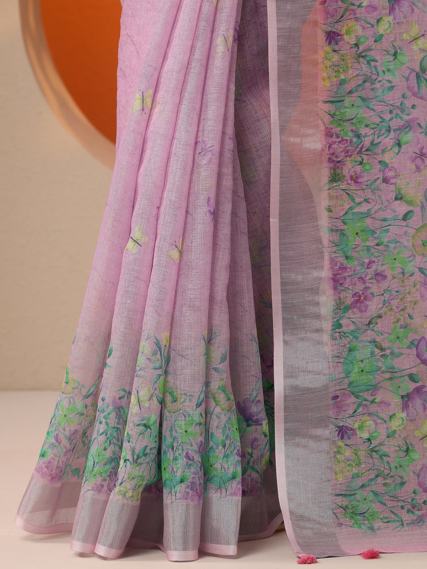 Lavender Printed Cotton Blend Saree With Unstitched Blouse Piece