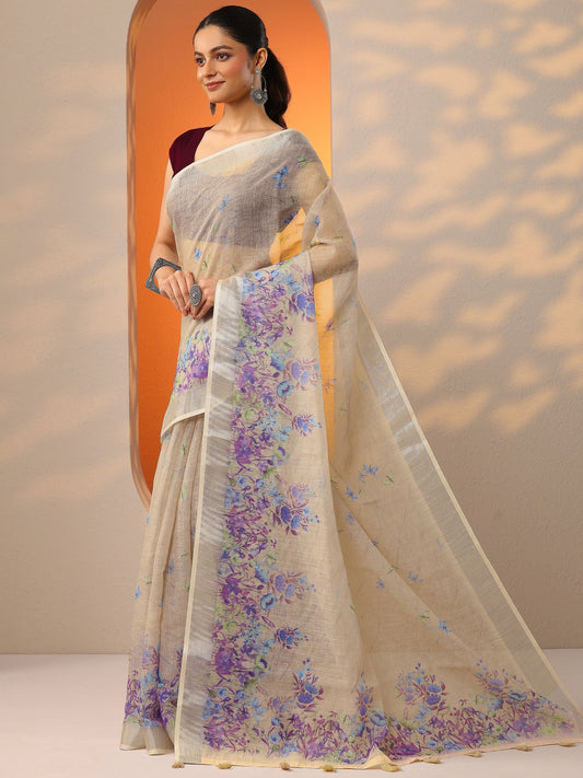 Cream Printed Cotton Blend Saree With Unstitched Blouse Piece