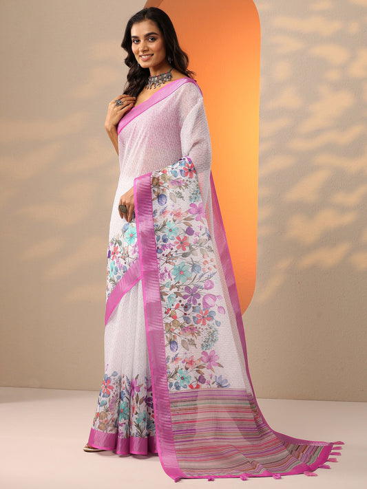 White Printed Cotton Blend Saree With Unstitched Blouse Piece