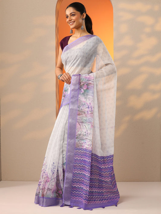 White Printed Cotton Blend Saree With Unstitched Blouse Piece