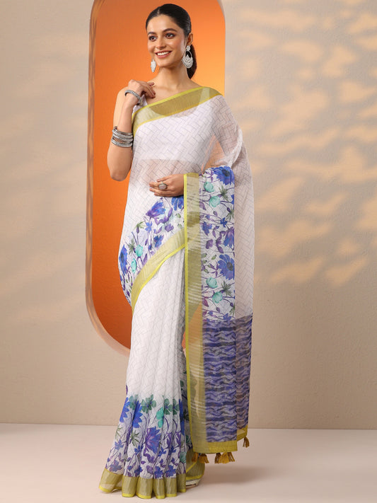 White Printed Cotton Blend Saree With Unstitched Blouse Piece