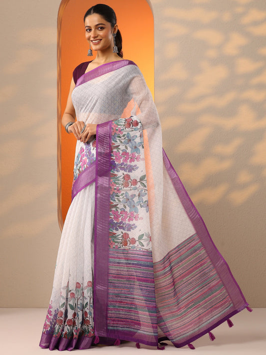 White Printed Cotton Blend Saree With Unstitched Blouse Piece
