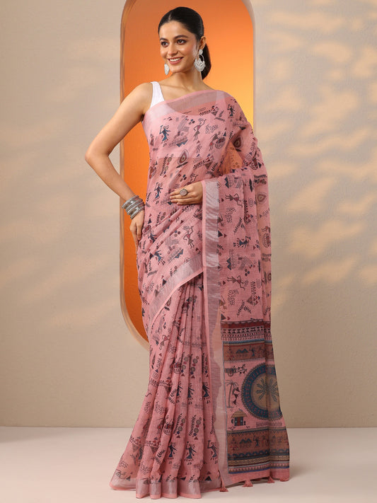 Peach Printed Cotton Blend Saree With Unstitched Blouse Piece