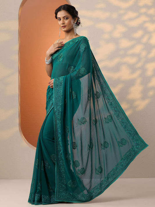 Blue Embroidered Georgette Saree With Unstitched Blouse Piece