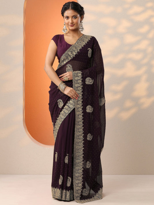 Burgundy Embroidered Georgette Saree With Unstitched Blouse Piece