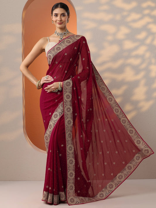Red Embroidered Georgette Saree With Unstitched Blouse Piece