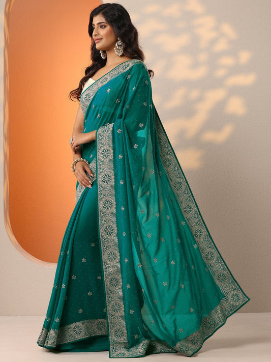 Green Embroidered Georgette Saree With Unstitched Blouse Piece