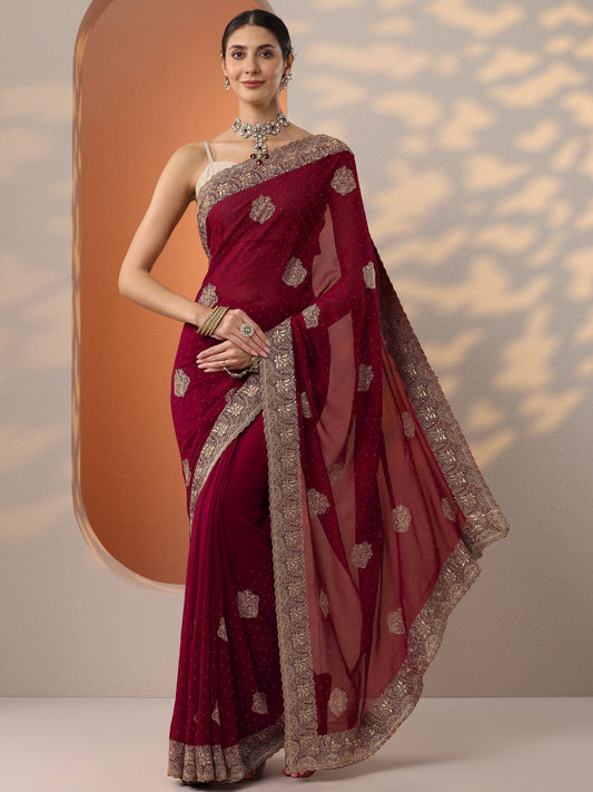 Red Embroidered Georgette Saree With Unstitched Blouse Piece