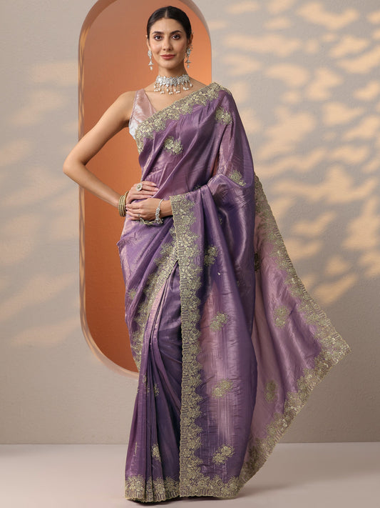 Purple Embroidered Organza Saree With Unstitched Blouse Piece