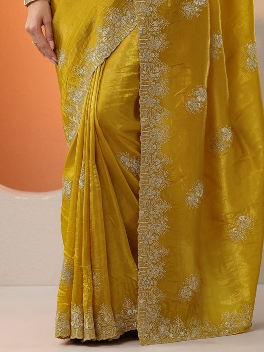 Mustard Embroidered Banarasi Organza Saree With Unstitched Blouse Piece