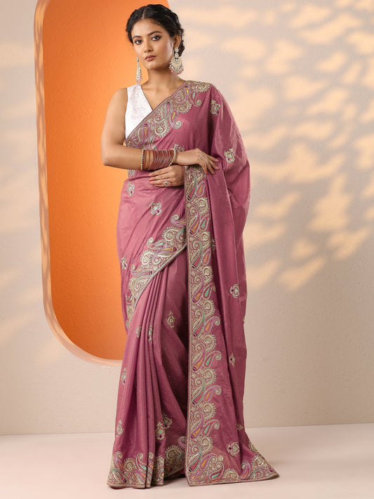 Pink Embroidered Chinon Saree With Unstitched Blouse Piece