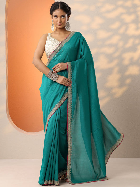 Green Solid Silk Blend Saree With Unstitched Blouse Piece