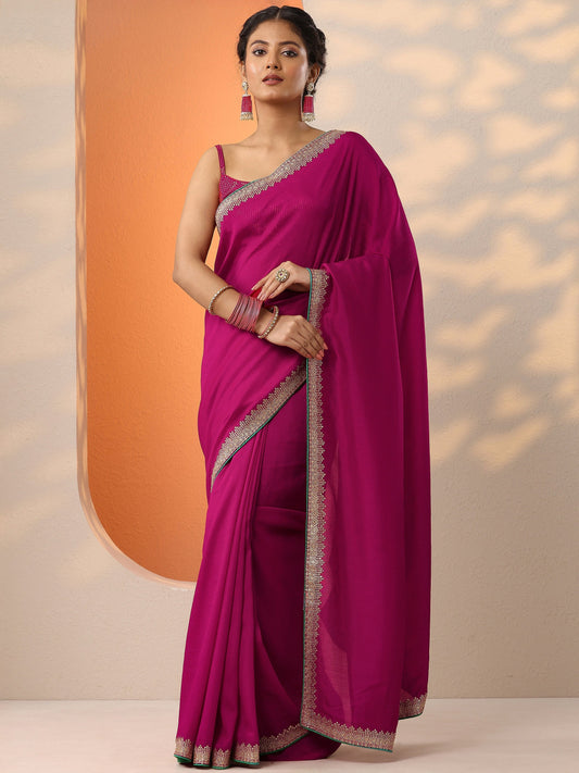 Pink Solid Silk Blend Saree With Unstitched Blouse Piece