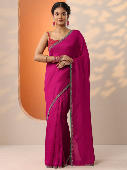 Pink Solid Silk Blend Saree With Unstitched Blouse Piece