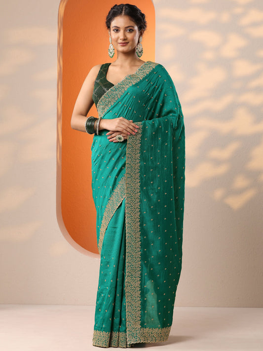 Green Embellished Silk Blend Saree With Unstitched Blouse Piece