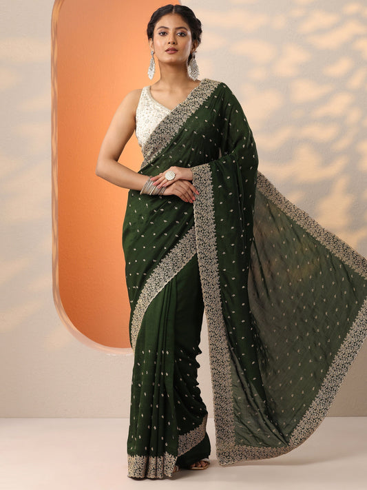 Green Embellished Silk Blend Saree With Unstitched Blouse Piece