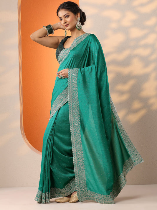 Green Embellished Silk Blend Saree With Unstitched Blouse Piece