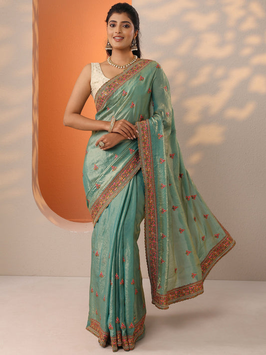 Green Embroidered Organza Saree With Unstitched Blouse Piece