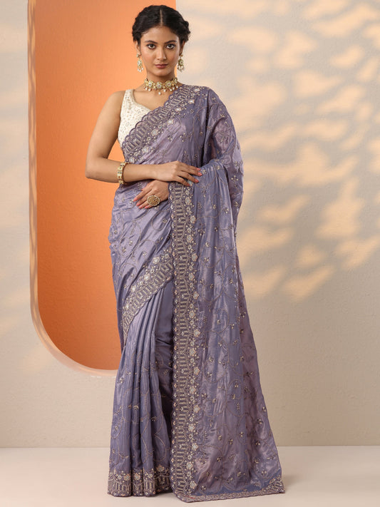 Purple Embroidered Organza Saree With Unstitched Blouse Piece
