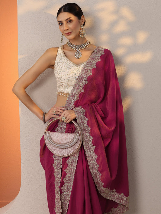 Pink Solid Organza Saree With Unstitched Blouse Piece