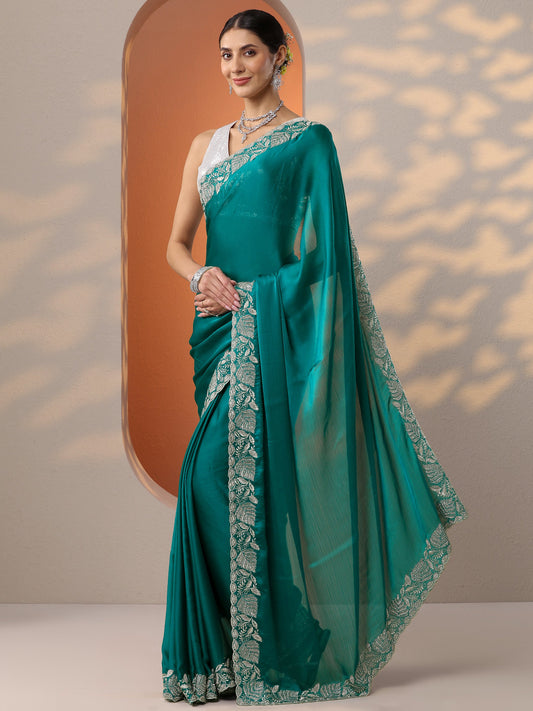 Blue Solid Chinon Saree With Unstitched Blouse Piece