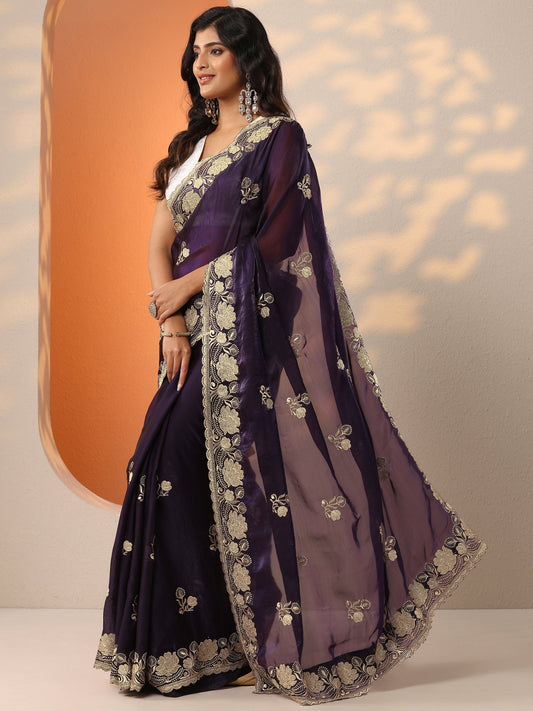 Purple Embroidered Organza Saree With Unstitched Blouse Piece