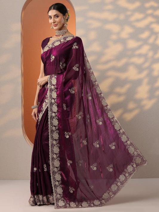 Burgundy Embroidered Organza Saree With Unstitched Blouse Piece