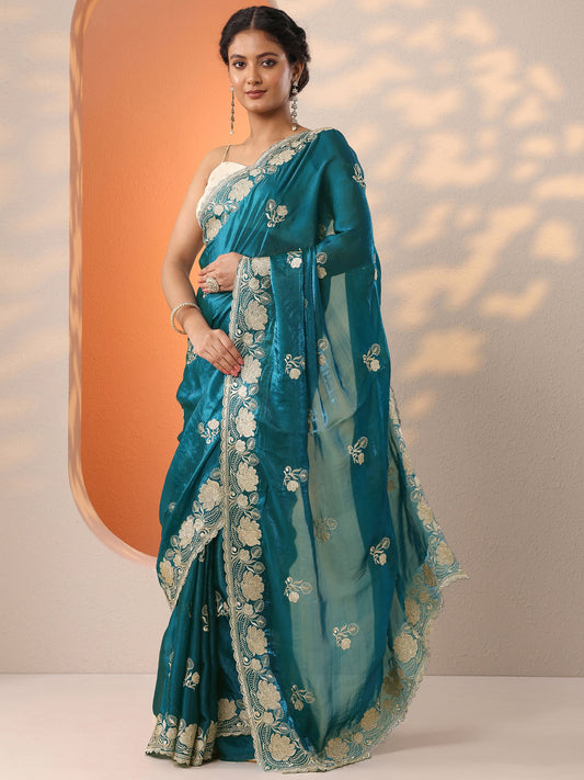 Green Embroidered Organza Saree With Unstitched Blouse Piece