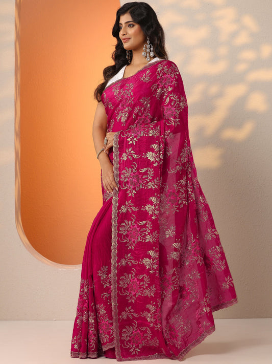 Pink Embroidered Organza Saree With Unstitched Blouse Piece