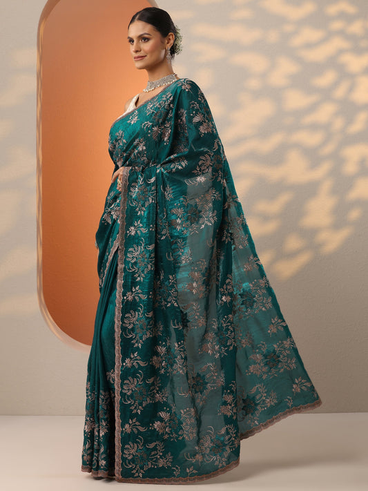 Green Embroidered Organza Saree With Unstitched Blouse Piece